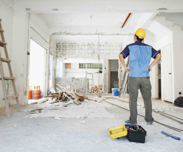 House improvement concept. Rear view of Asian construction worker looking away.